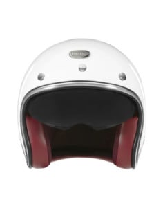 Casque Jet vintage blanc avec bandes tricolores bleu-blanc-rouge et visière sombre. 2