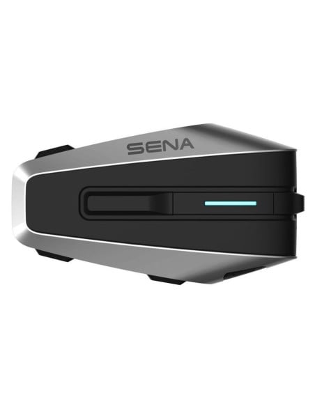 Intercom Sena Vortex Solo, boîtier noir argenté avec bouton lumineux bleu et logo SENA.