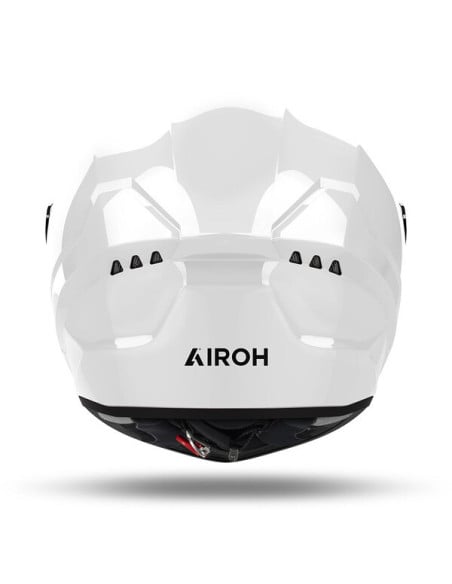 Casque Airoh Conor blanc vu de l’arrière, aerations et mentonnière visibles.