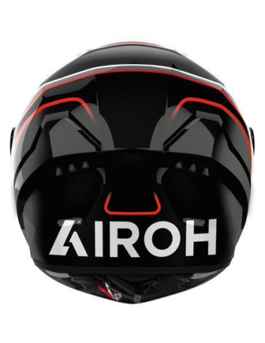 Casque Airoh Conor vu de l’arrière, noir avec détails rouges et logo Airoh blanc en bas.