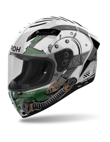 Casque Airoh Conor, design graphique blanc et vert avec visière et éléments techniques.
