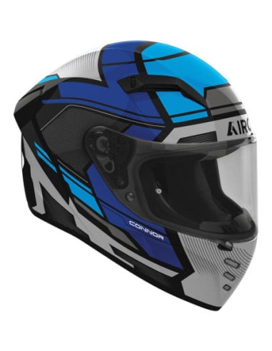 Casque moto Airoh Conor bleu et gris avec visière, décor géométrique.