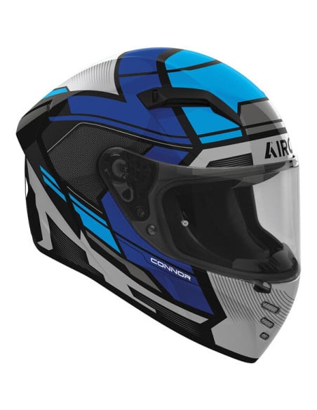 Casque moto Airoh Conor bleu et gris avec visière, décor géométrique.
