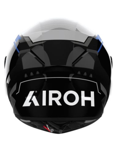 Casque Airoh Conor noir vu de l’arrière, logo Airoh en blanc et sections bleues.