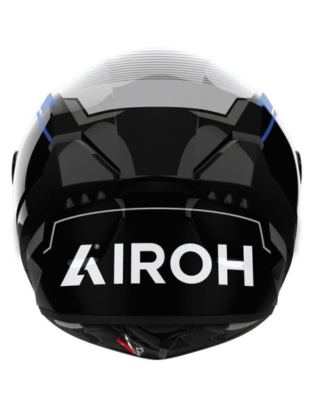 Casque Airoh Conor noir vu de l’arrière, logo Airoh en blanc et sections bleues.