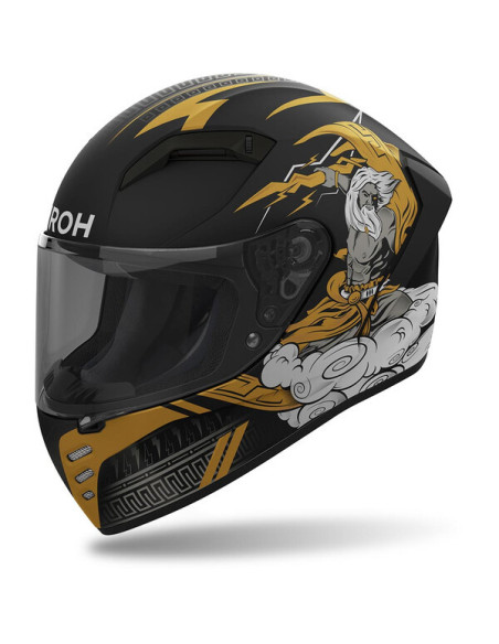 Casque Airoh Conor noir avec graphiques dorés et lion blanc, vue latérale.