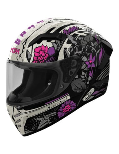 Casque moto Airoh Conor avec motif floral noir, blanc et violet et visière sombre.