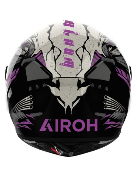 Casque Airoh Conor avec motif noir et violet, graphique sur l’arrière.