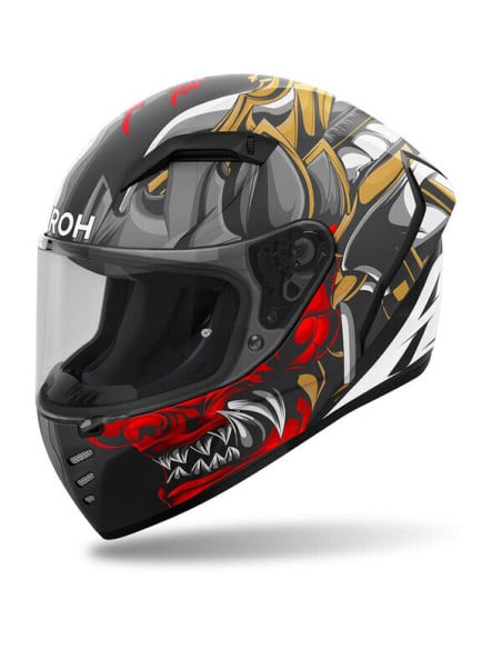 Casque intégral Airoh Conor avec visière, motif dragon et couleurs noires, rouges et gris.