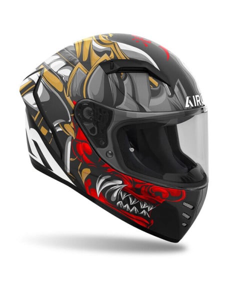 Casque moto Airoh Conor with grey, red, et motifs dragon stylisés sur fond noir.
