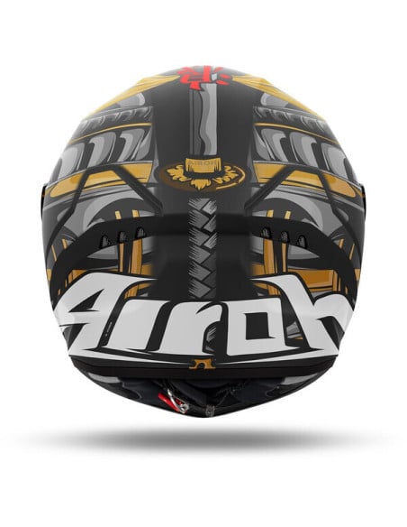 Casque Airoh Conor vu de derrière avec design noir, blanc et doré.