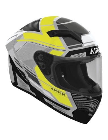 Casque Airoh Conor noir et jaune avec visière intégrale, motifs géométriques.