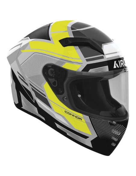 Casque Airoh Conor noir et jaune avec visière intégrale, motifs géométriques.