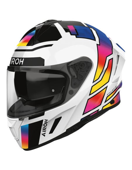 Casque Airoh Spark 2 blanc avec visière sombre et motifs multicolores.