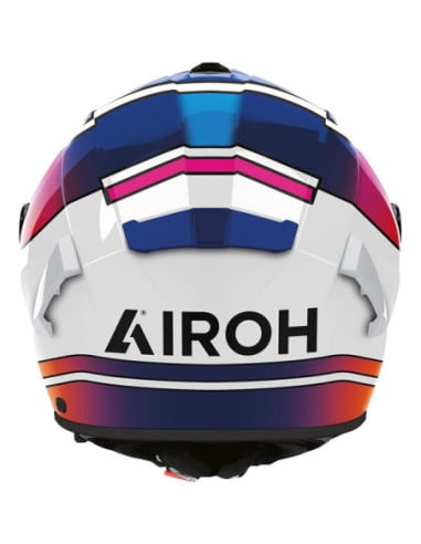 Casque Airoh Spark 2 vu de dos, coloris blanc avec motifs bleus, roses et orange.