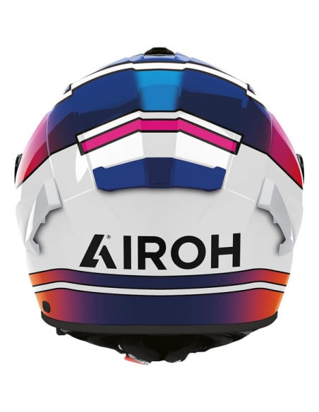 Casque Airoh Spark 2 vu de dos, coloris blanc avec motifs bleus, roses et orange.
