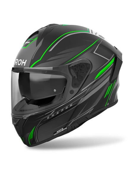 Casque moto noir Airoh Spark 2 avec visière transparente et touches vertes.