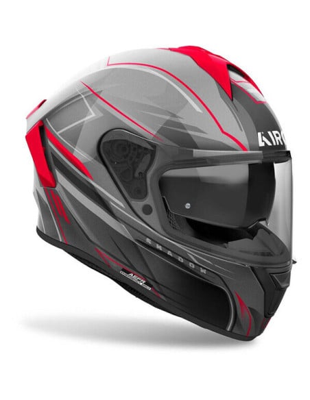Casque moto Airoh Spark 2 gris avec touches rouges et visière sombre.
