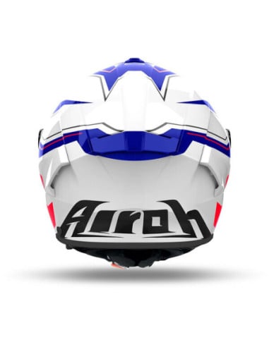 Casque Airoh Spark 2 blanc et bleu vu de dos, logo noir en bas.