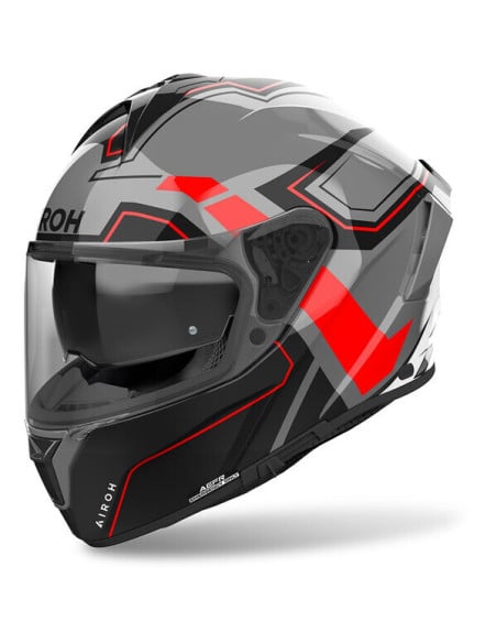Casque Airoh Spark 2 noir gris rouge avec visière intégrale et motifs géométriques rouges.