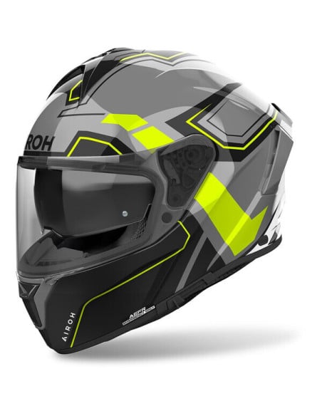 Casque Airoh Spark 2 gris avec motifs jaunes fluo et visière sombre, vue gauche.