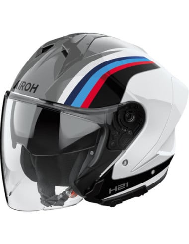 Casque Airoh H21 intégral blanc graphique avec visière et motifs bleus, rouges et noirs.
