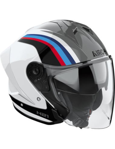 Casque moto intégral Airoh H21 blanc avec visière et motifs bleus, rouges et gris.