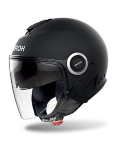 Casque Airoh Helyos noir avec visière intégrale et coques rotatives.