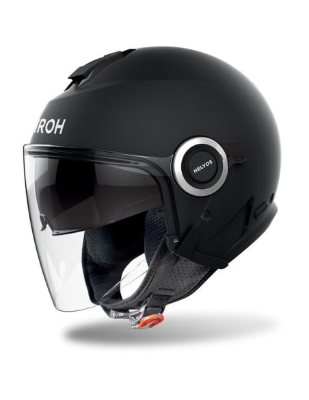 Casque Airoh Helyos noir avec visière intégrale et coques rotatives.