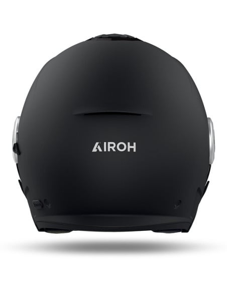 Casque Airoh Helyos vu de dos, noir, with logo Airoh au centre.