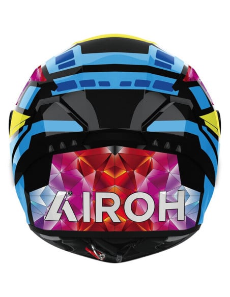 Casque moto conor Airoh, design coloré et graphique avec mot KIROH à l’arrière.