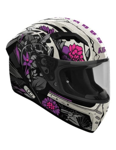 Casque Airoh Conor avec motif floral noir, blanc et violet et visière intégrale.