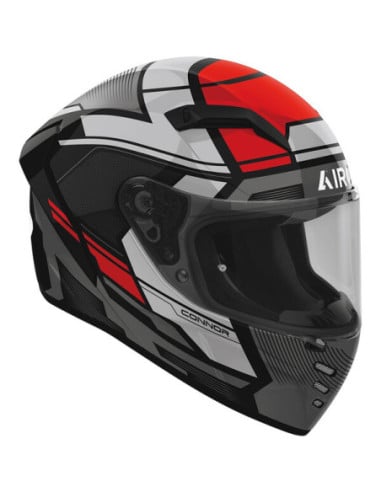 Casque moto Airoh Conor coloré avec visière noir et graphismes rouges et blancs.