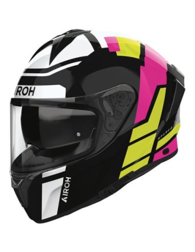 Casque moto Airoh Spark 2 noir avec motifs blancs, jaunes et roses.