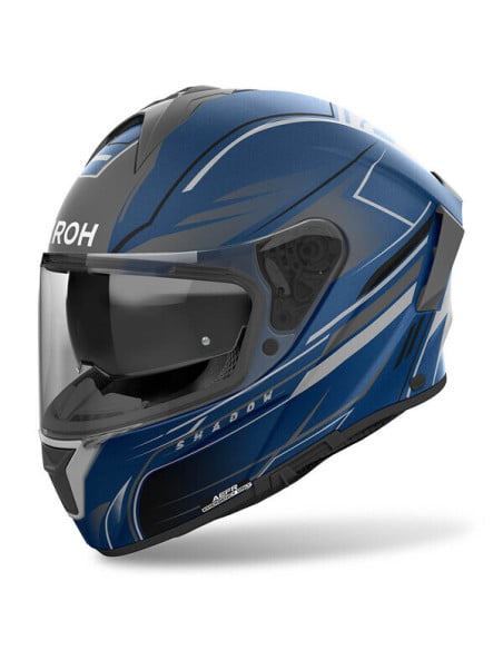 Casque Airoh Spark 2 bleu avec visière sombre et motifs graphiques blancs.