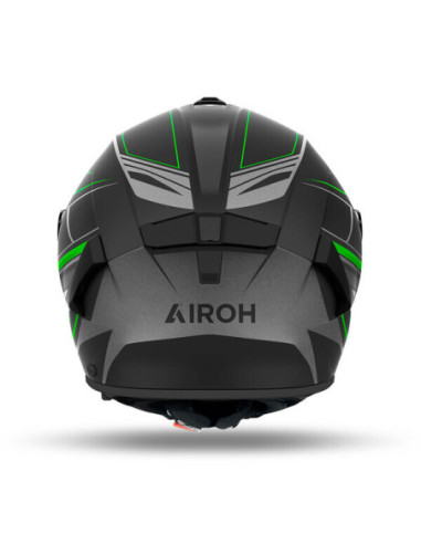 Casque Airoh Spark 2 vu de dos, gris/noir avec motifs verts et logo Airoh.