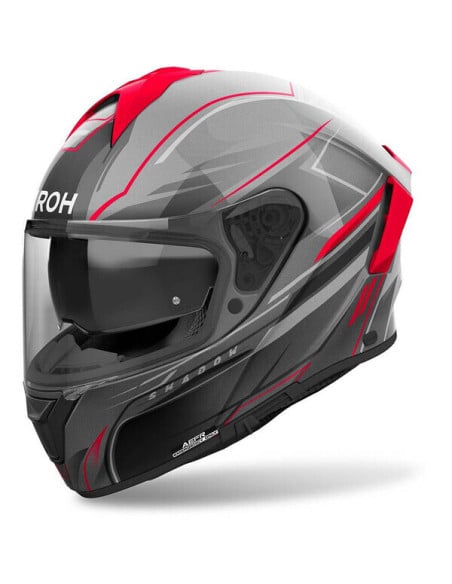 Casque Airoh Spark 2 gris et rouge détaillé, visière sombre, motifs graphiques esthétiques.