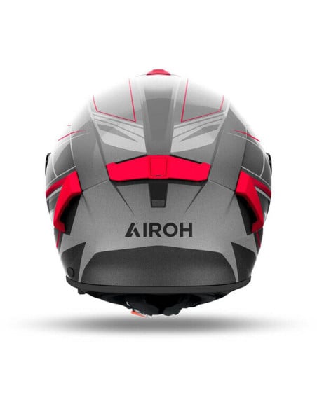 Casque Airoh Spark 2 vu de l’arrière, gris avec détails rouges et logo KIROH.