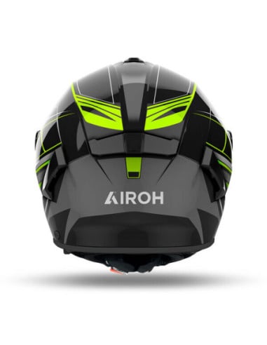 Casque Airoh Spark 2 noir avec détails jaune fluo et motifs graphiques arrière.
