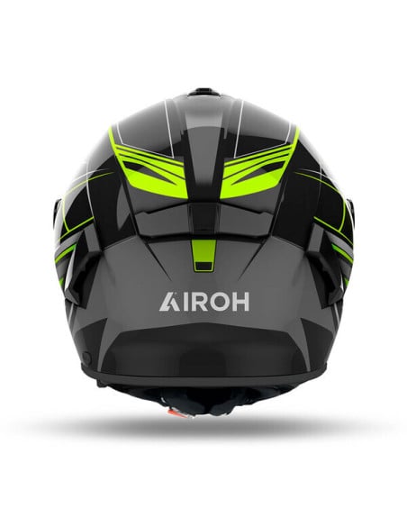 Casque Airoh Spark 2 noir avec détails jaune fluo et motifs graphiques arrière.