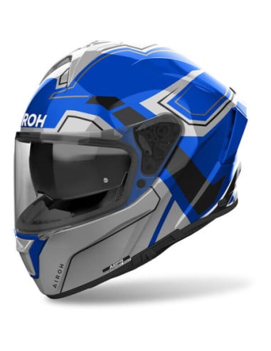 Casque integral Airoh Spark 2 bleu avec visière sombre et motifs géométriques.