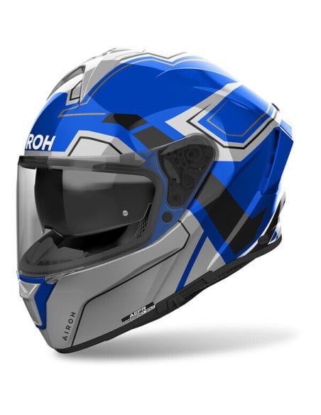 Casque integral Airoh Spark 2 bleu avec visière sombre et motifs géométriques.