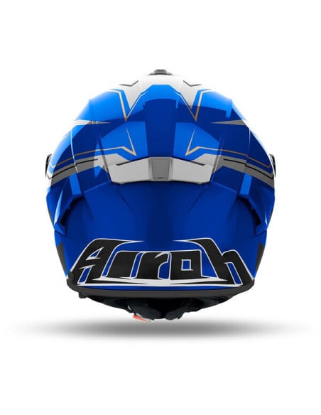Casque Airoh Spark 2 bleu vu de l’arrière avec logo blanc “Airoh” et design graphique gris.