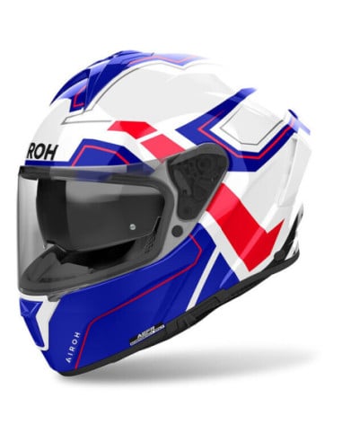 Casque Airoh Spark 2 blanc bleu rouge avec visière sombre et design géométrique.