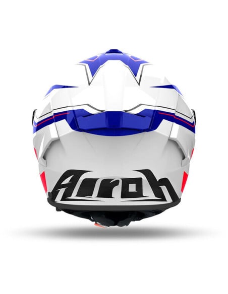 Casque Airoh Spark 2 blanc et bleu vu de derrière, logo noir.