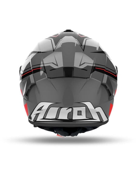 Casque Airoh Spark 2 vu de dos avec motifs gris, noir et rouge et logo Airoh au bas.