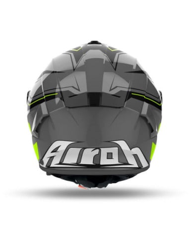 Casque Airoh Spark 2 vu de dos, gris noir avec détails fluo et logo blanc.