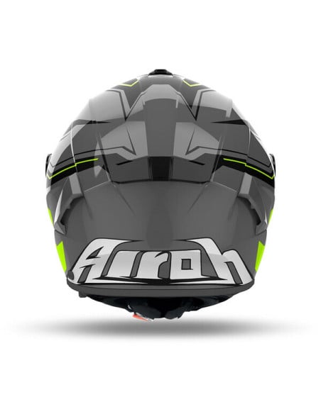 Casque Airoh Spark 2 vu de dos, gris noir avec détails fluo et logo blanc.