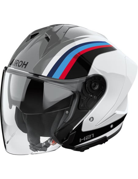 Casque Airoh H21 intégral blanc gris avec visière et motifs bleus, rouges et noirs.