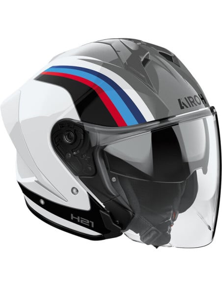 Casque moto Airoh H21 blanc graphique avec visière claire et sangles, côté gauche.